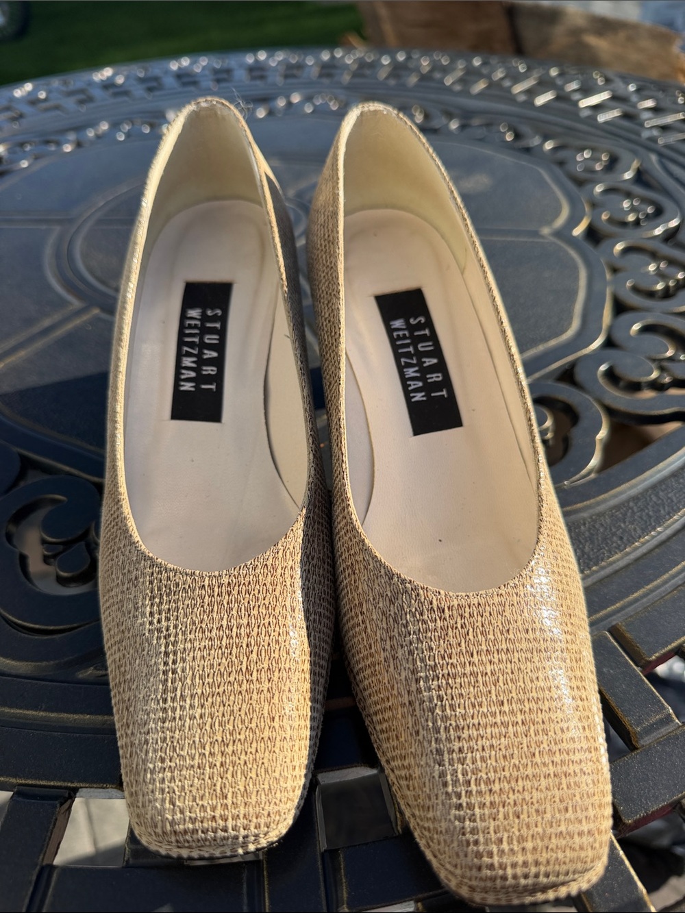 Stuart Weitzman Natural Woven Square-Toe Flats